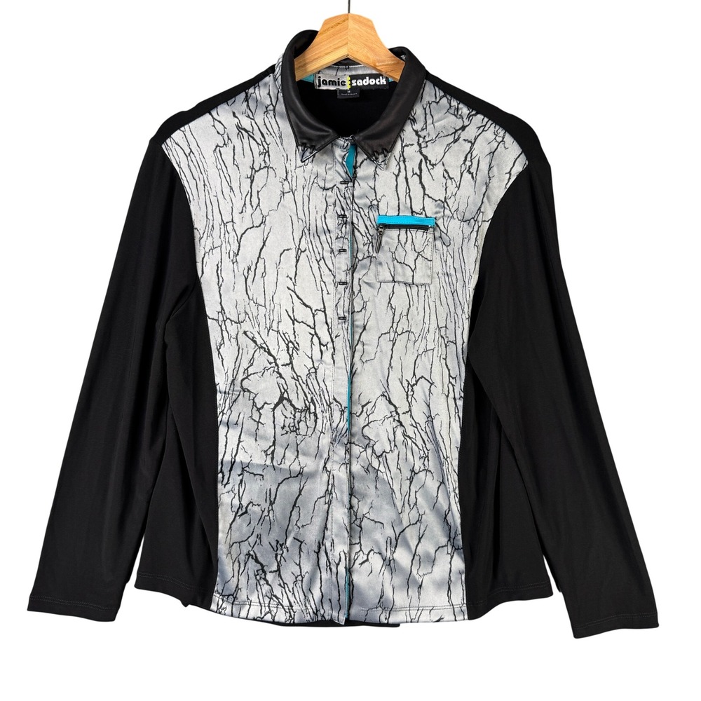 Jamie Sadock Women M Black Silver Marble Crackle Print Toggle Button Shirt Top